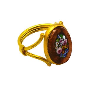 Antique Micro Mosaic Set in 18k Gold Ring. Micromosaic, Rome