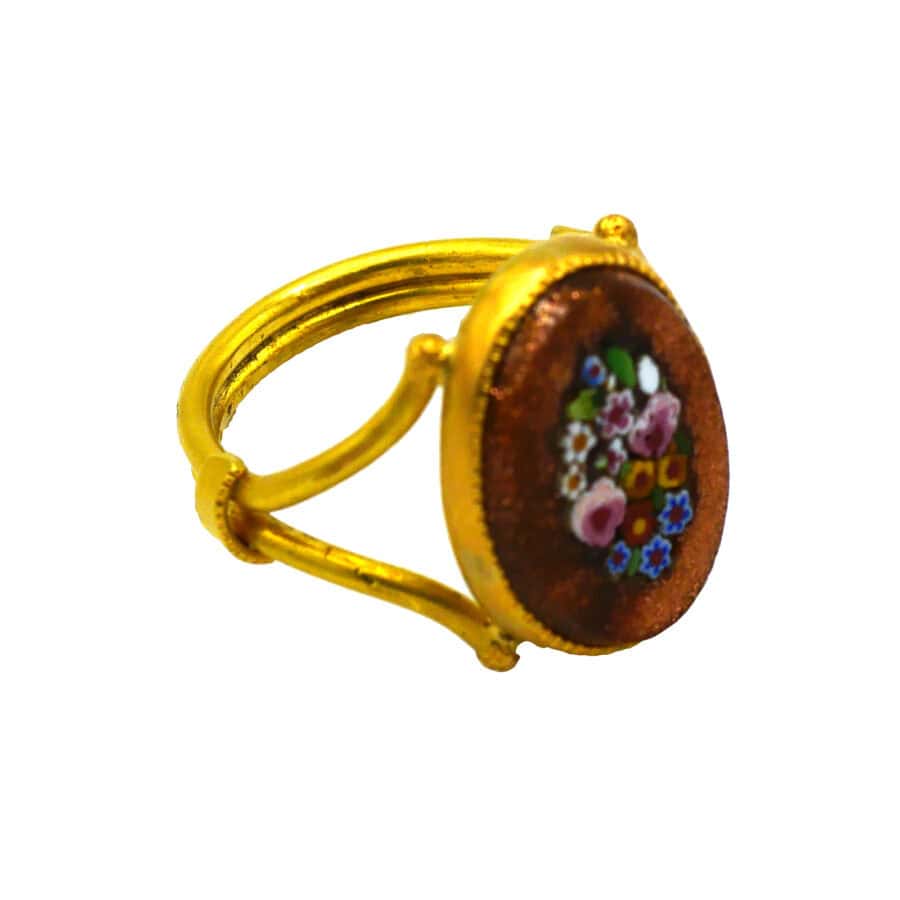 Antique Micro Mosaic Set in 18k Gold Ring. Micromosaic, Rome