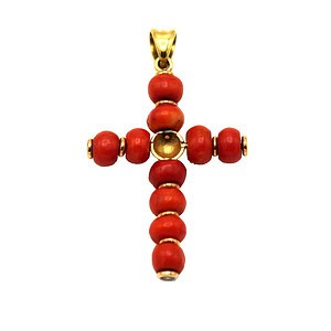 Antique Cross Pendant, Red Mediterranean Coral and 18k Gold