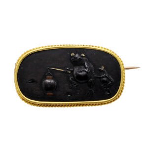 Kanamono of two frogs transformed in brooch Japan.