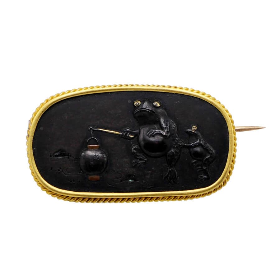 Kanamono of two frogs transformed in brooch Japan.
